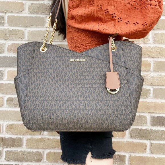 Michael Kors Jet Set Travel Large Chain Shoulder Tote Brown MK Signature Bags